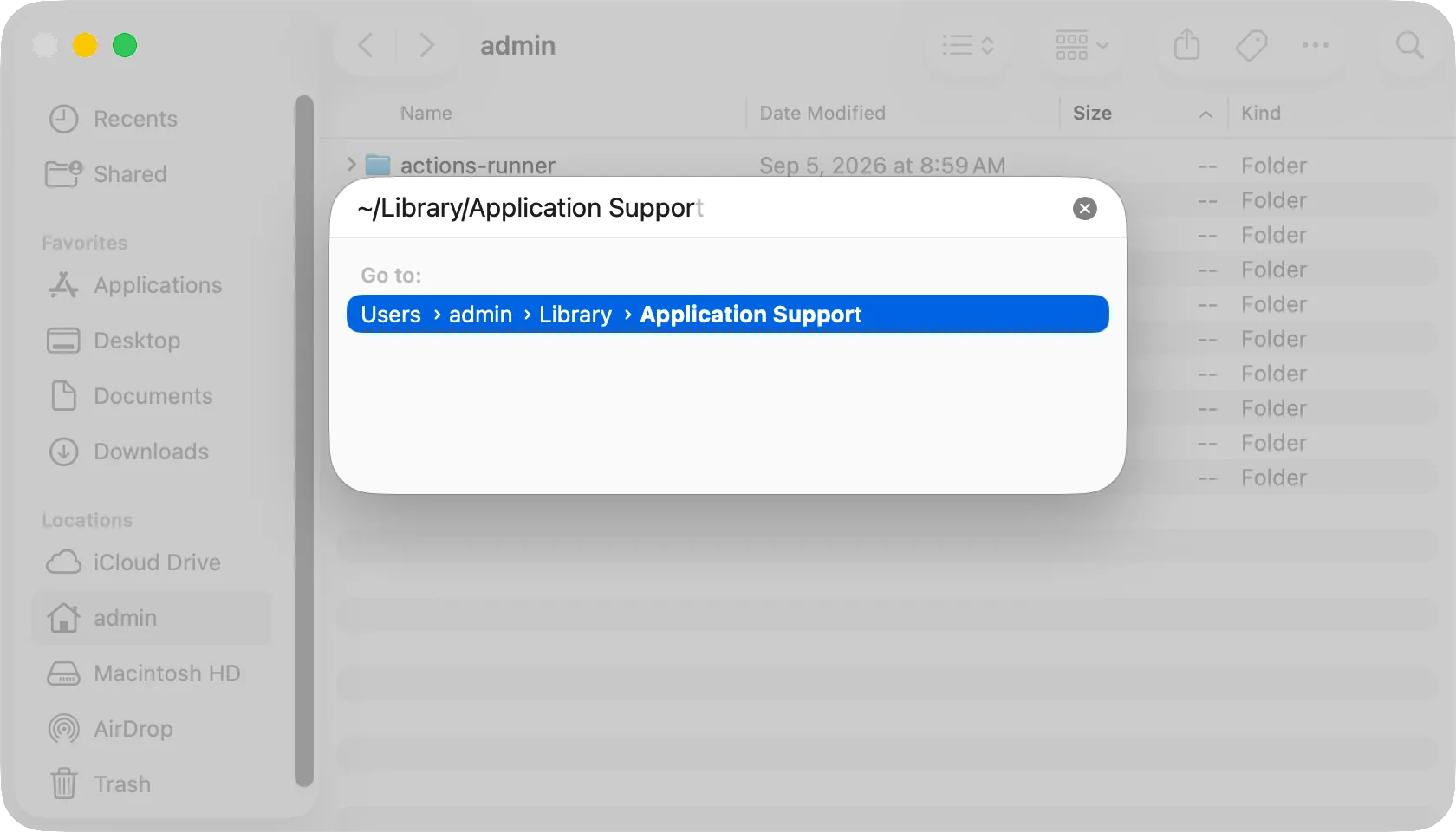 The Go to Folder panel with ~/Library/Application Support typed
