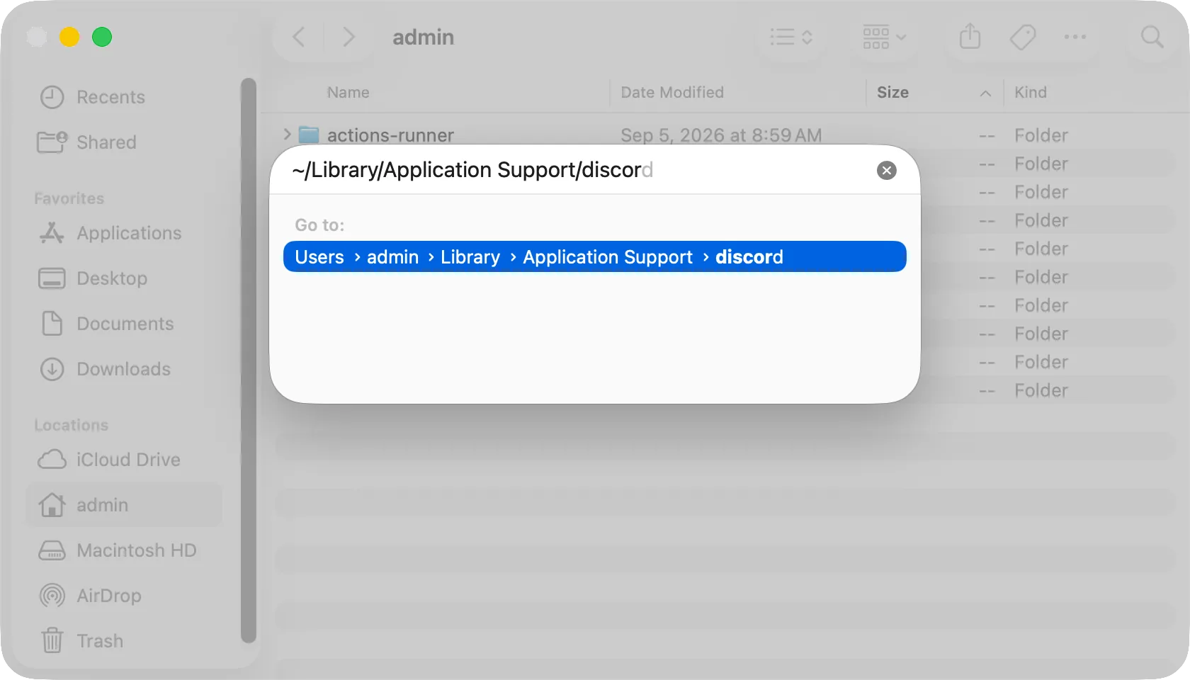 The Go to Folder panel with ~/Library/Application Support/discord typed