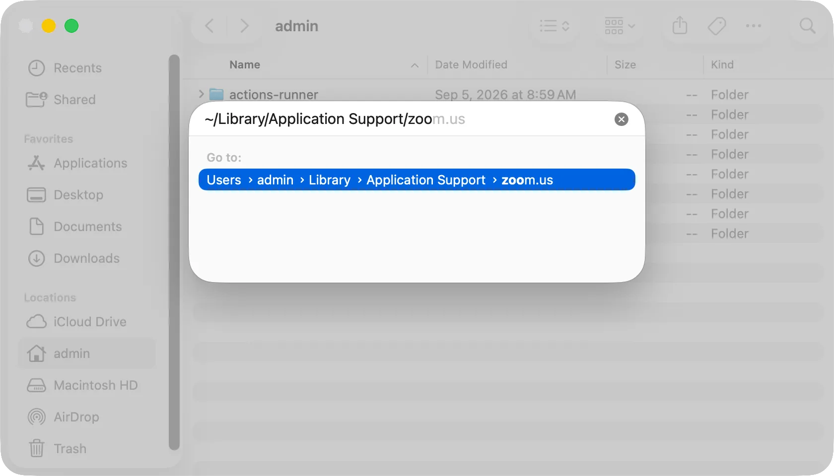 The Go to Folder window in Finder with ~/Library/Application Support/zoo typed and suggestions