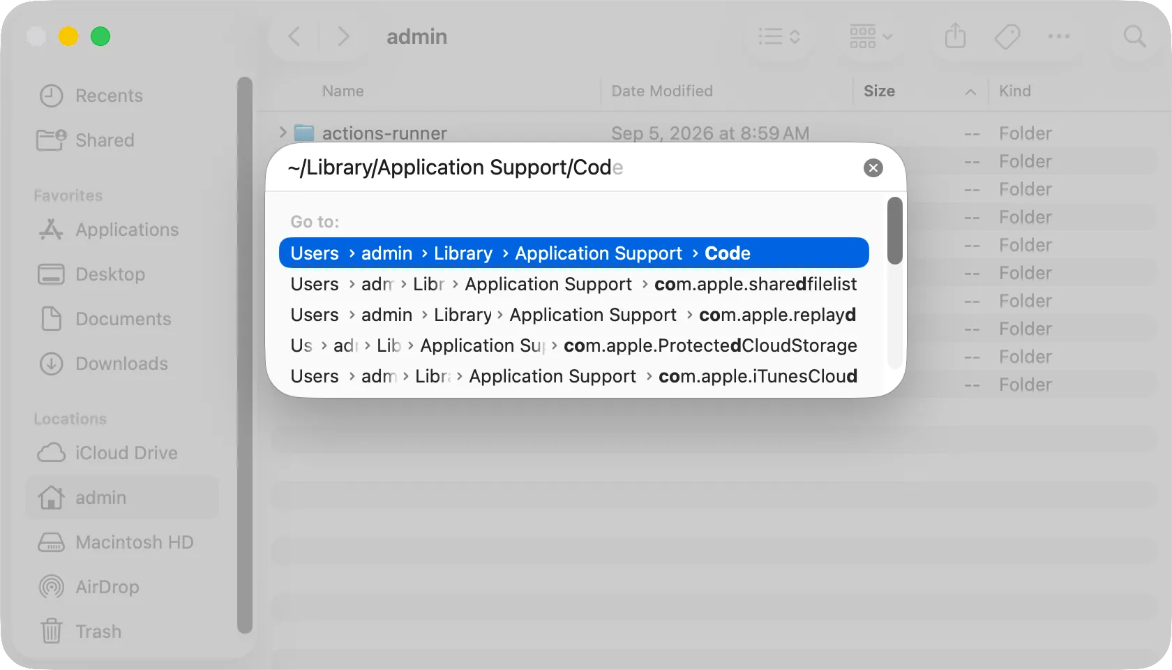 The Go to Folder panel with ~/Library/Application Support/Code typed