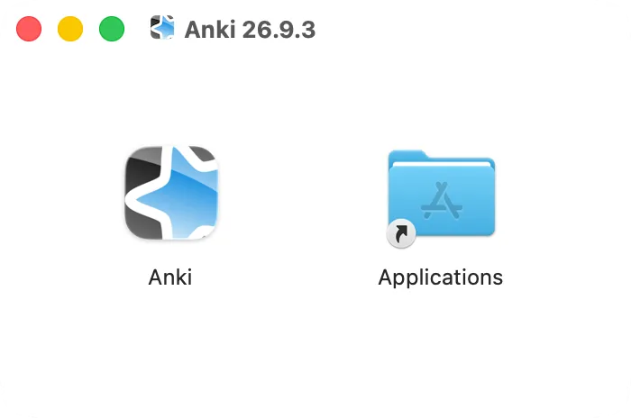 The Anki disk image window: Anki and the Applications folder to drag it to
