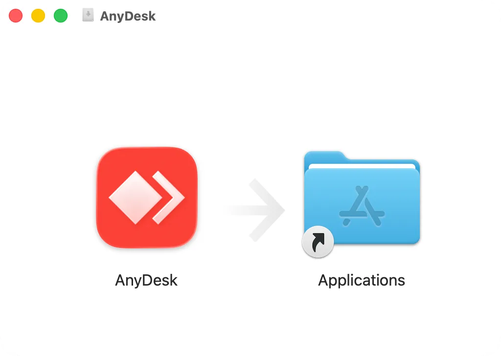 The AnyDesk disk image window: AnyDesk and the Applications folder to drag it to