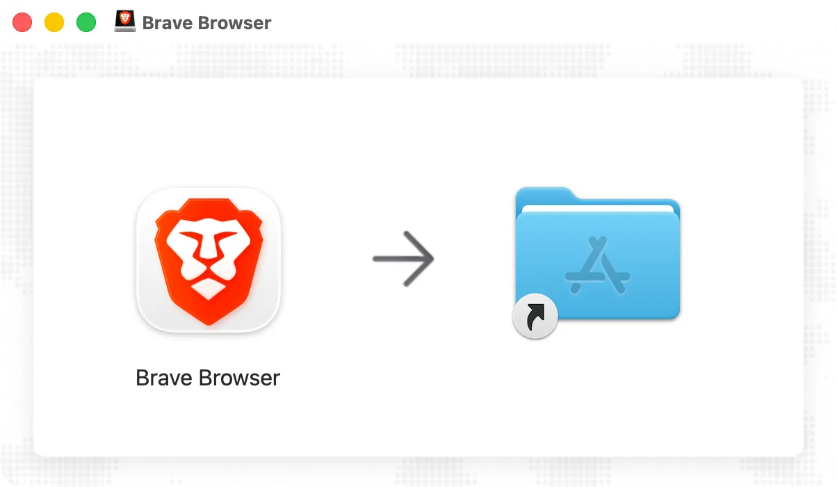The Brave disk image window: Brave and the Applications folder to drag it to