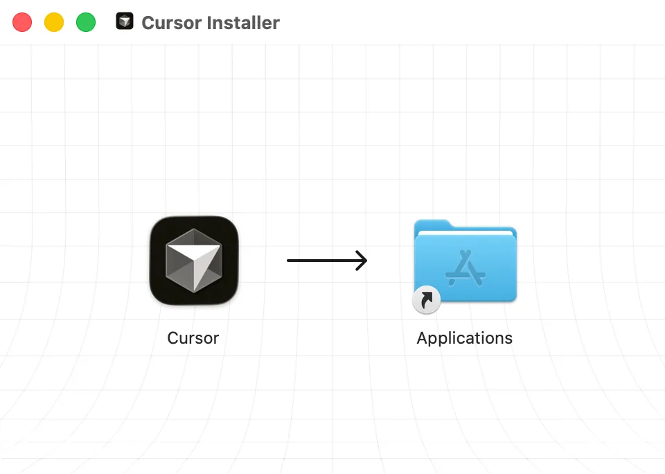 The Cursor disk image window: Cursor and the Applications folder to drag it to