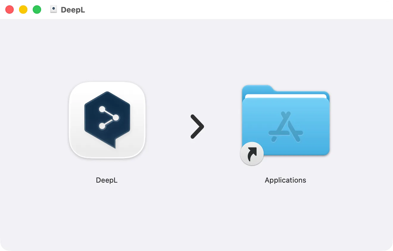 The DeepL disk image window: DeepL and the Applications folder to drag it to