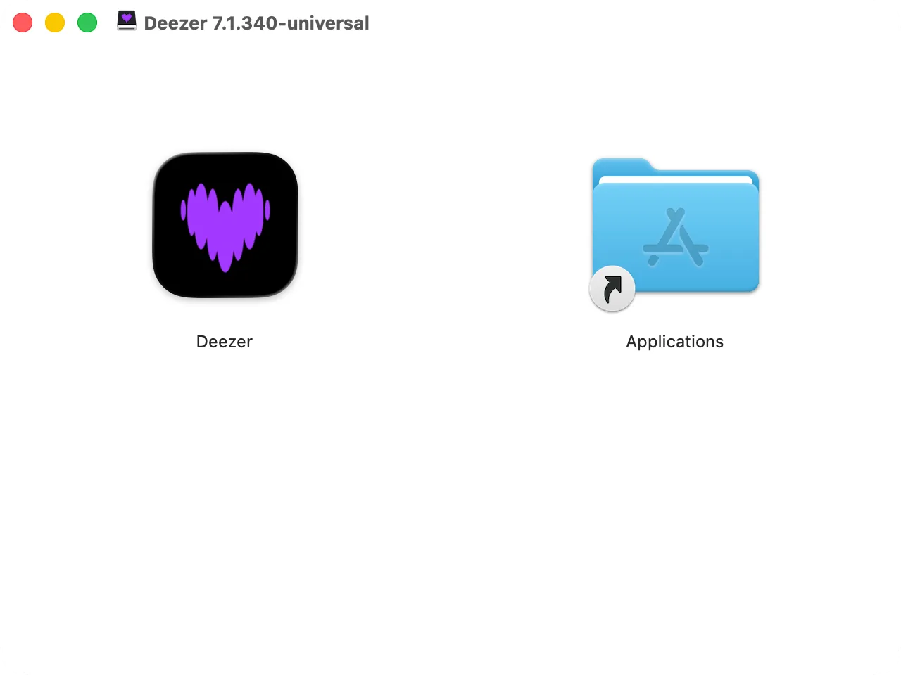 The Deezer disk image window: Deezer and the Applications folder to drag it to