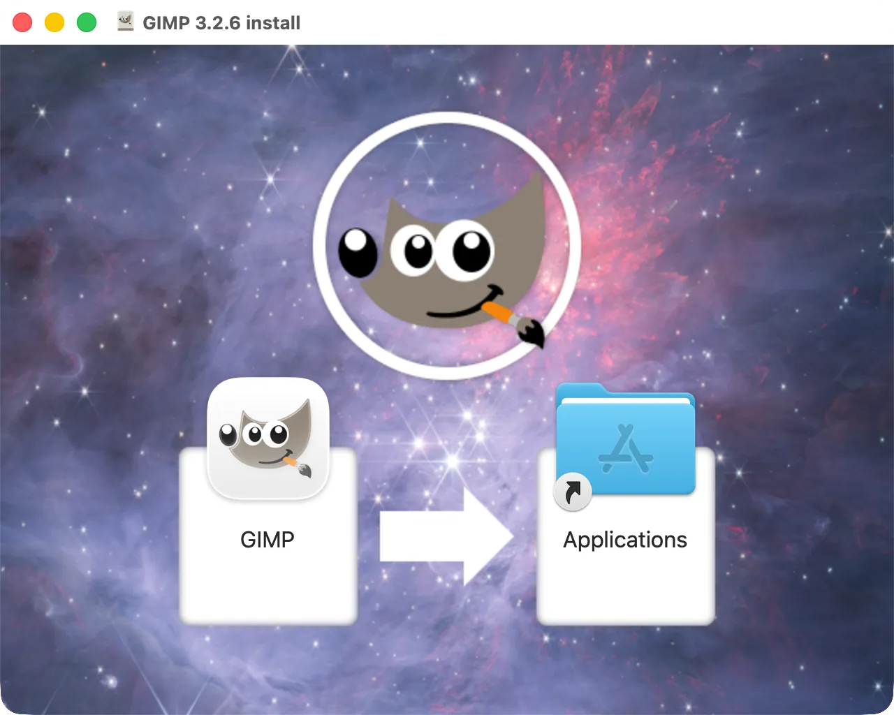 The GIMP disk image window: GIMP and the Applications folder to drag it to