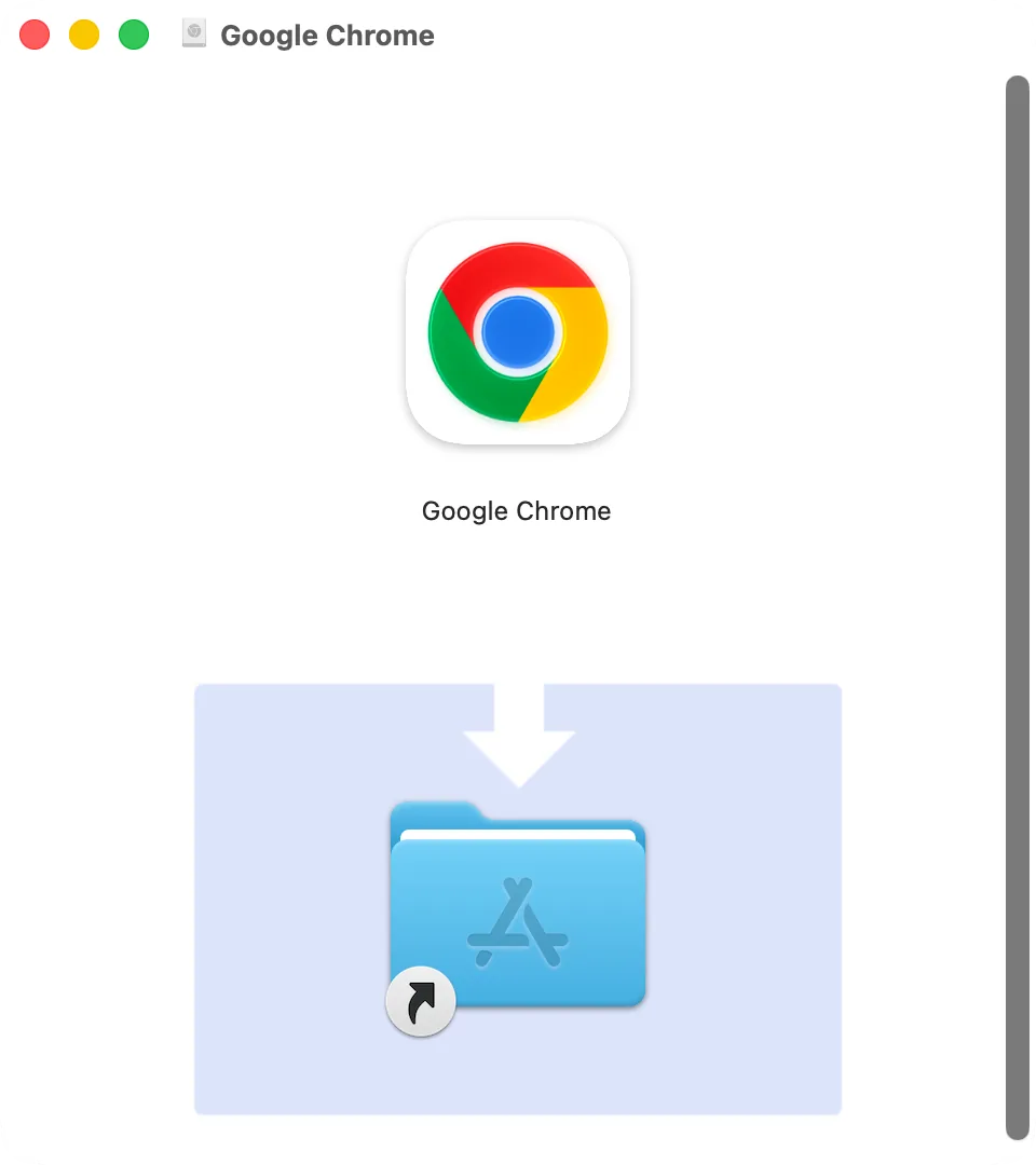 The Chrome disk image window: Chrome and the Applications folder to drag it to
