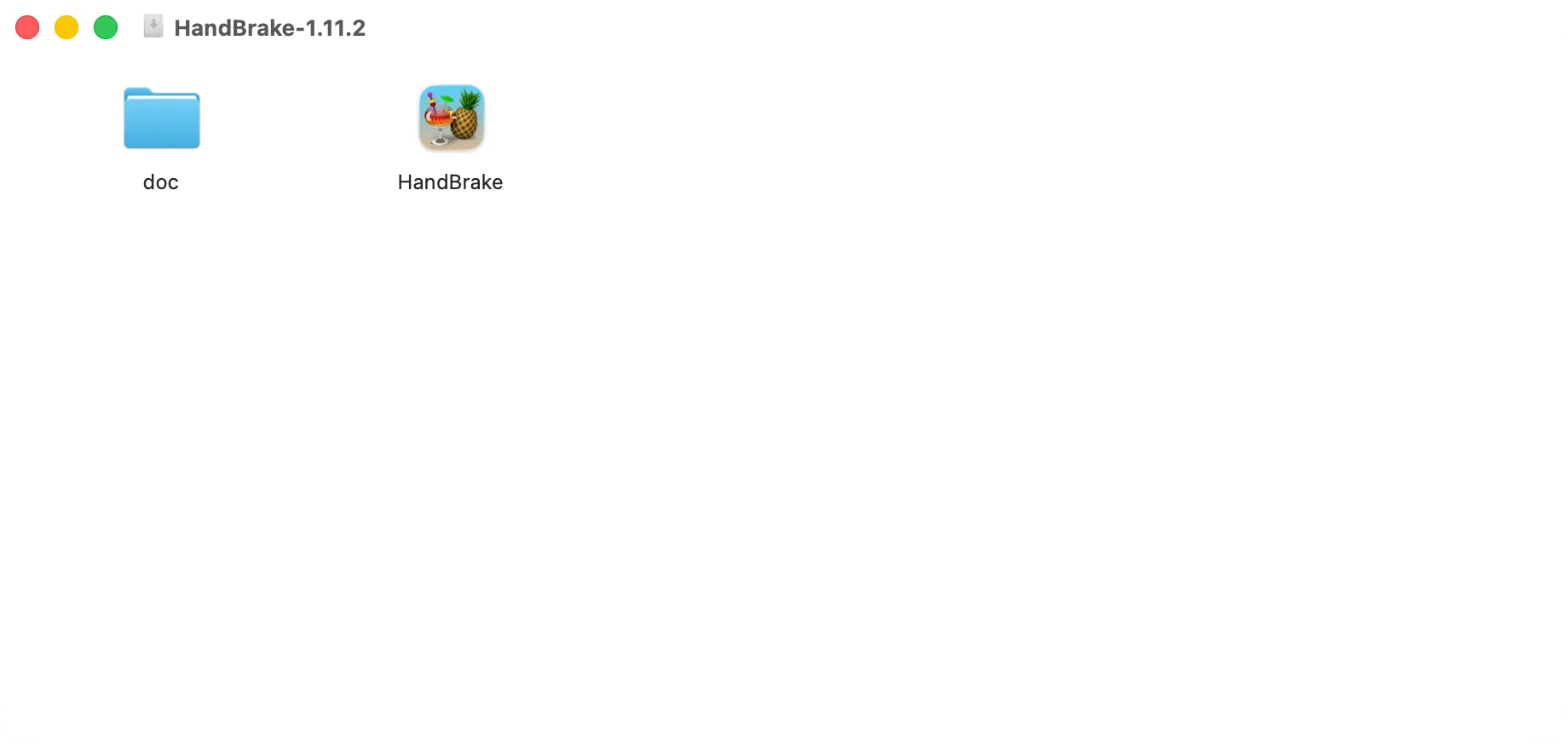 The HandBrake disk image window: HandBrake and the Applications folder to drag it to