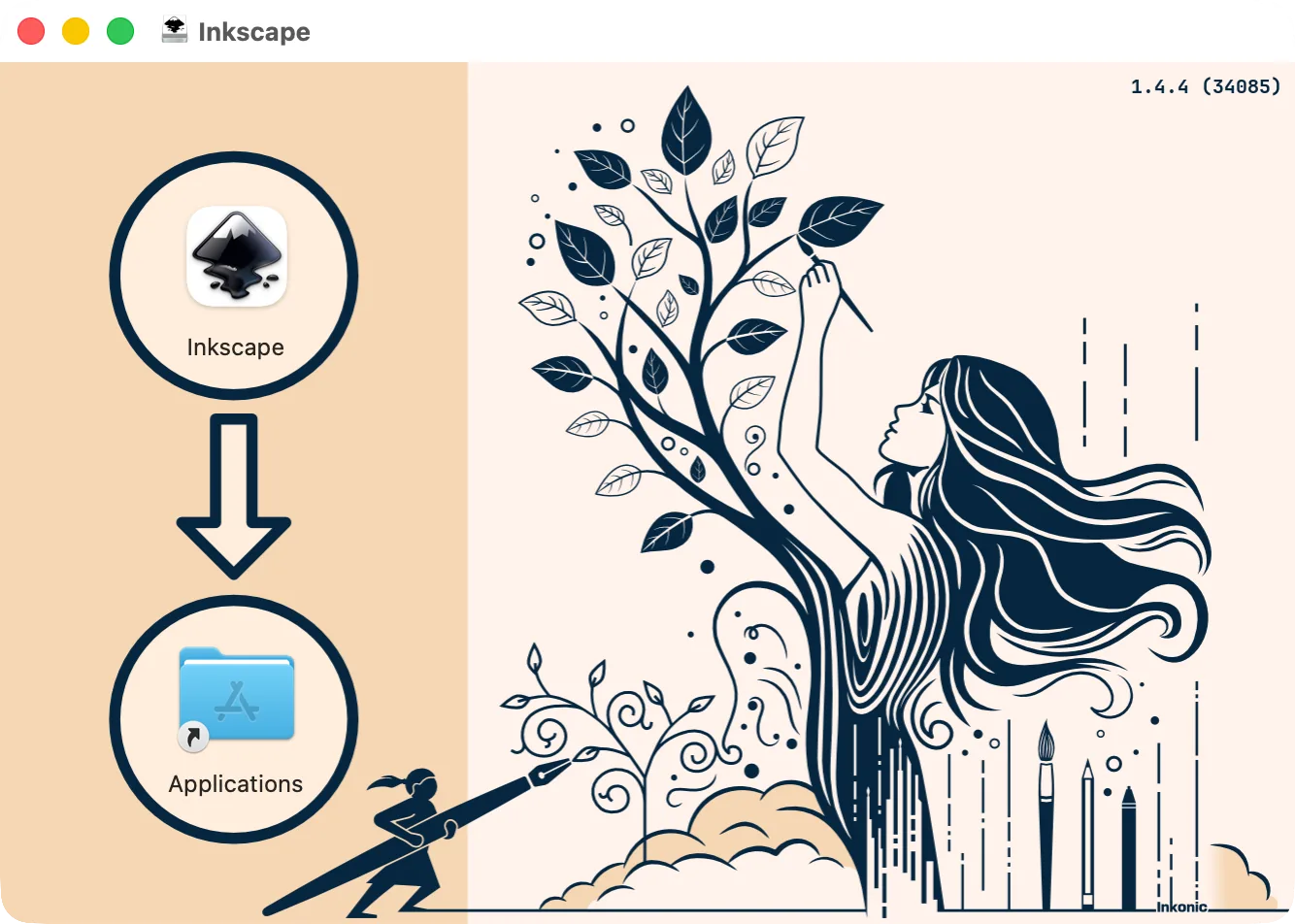 The Inkscape disk image window: Inkscape and the Applications folder to drag it to
