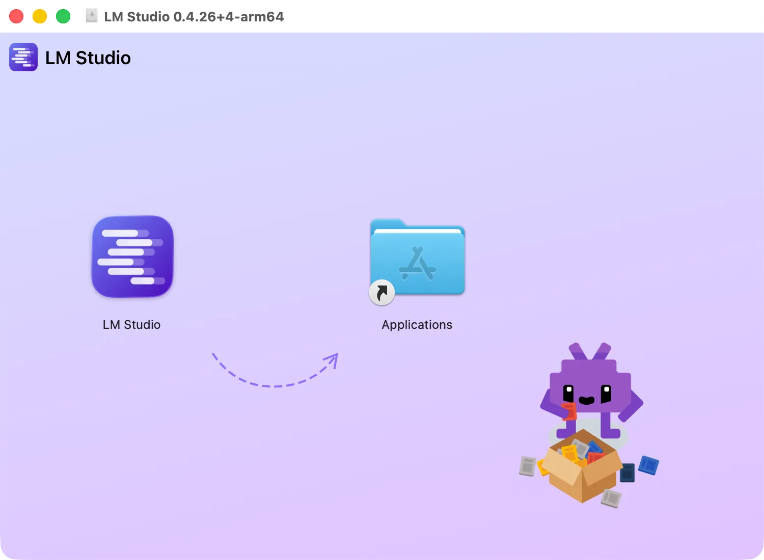 The LM Studio disk image window: LM Studio and the Applications folder to drag it to