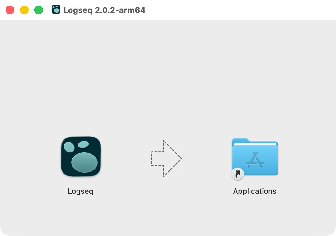 The Logseq disk image window: Logseq and the Applications folder to drag it to