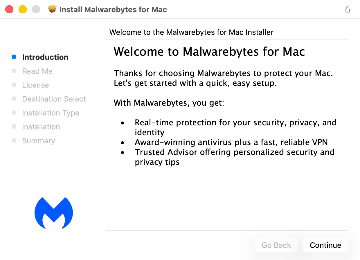 The first screen of the Malwarebytes installer