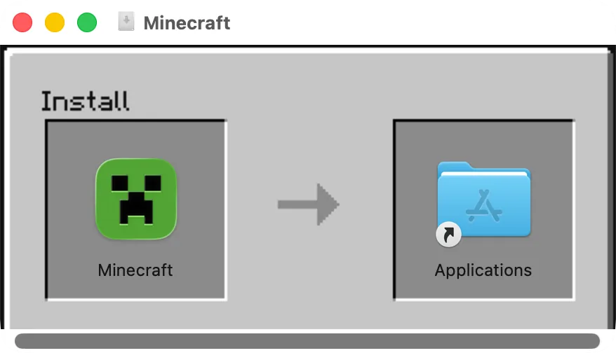 The Minecraft disk image window: Minecraft and the Applications folder to drag it to