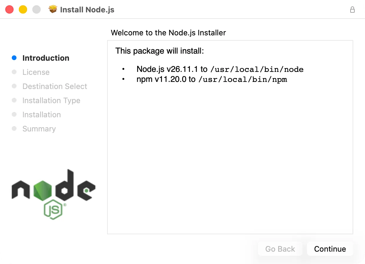 The first screen of the Node.js installer