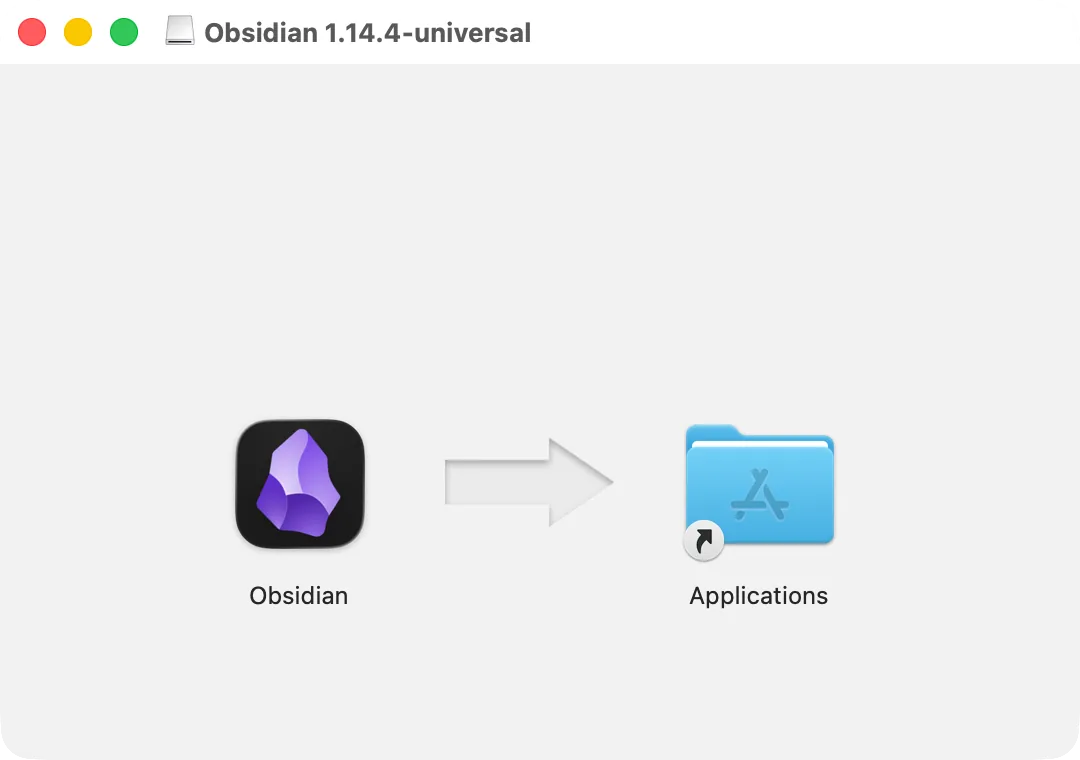 The Obsidian disk image window: Obsidian and the Applications folder to drag it to