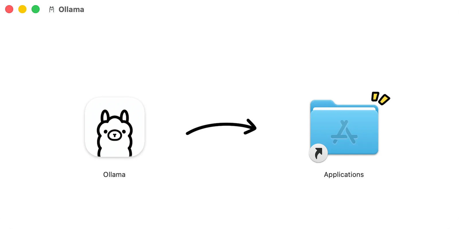 The Ollama disk image window: Ollama and the Applications folder to drag it to