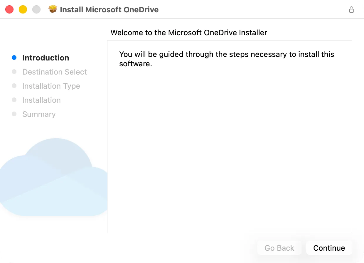 The first screen of the OneDrive installer