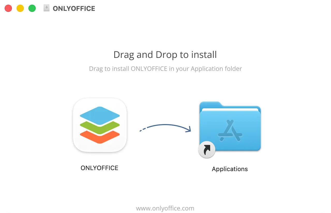 The ONLYOFFICE disk image window: ONLYOFFICE and the Applications folder to drag it to