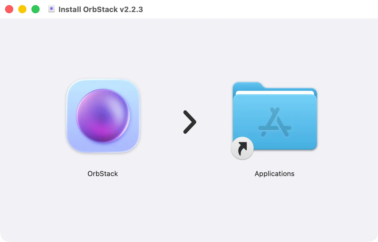 The OrbStack disk image window: OrbStack and the Applications folder to drag it to