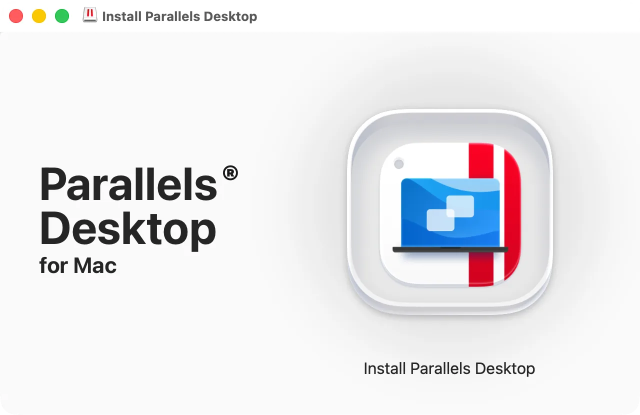 The Parallels Desktop disk image window: Parallels Desktop and the Applications folder to drag it to