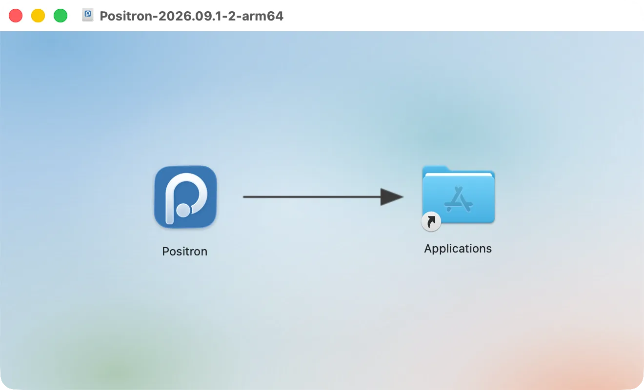 The Positron disk image window: Positron and the Applications folder to drag it to