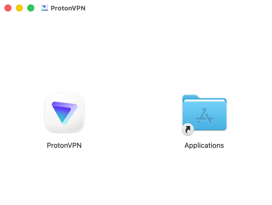 The Proton VPN disk image window: Proton VPN and the Applications folder to drag it to