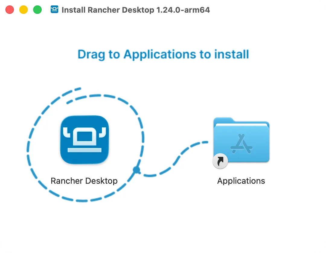 The Rancher Desktop disk image window: Rancher Desktop and the Applications folder to drag it to