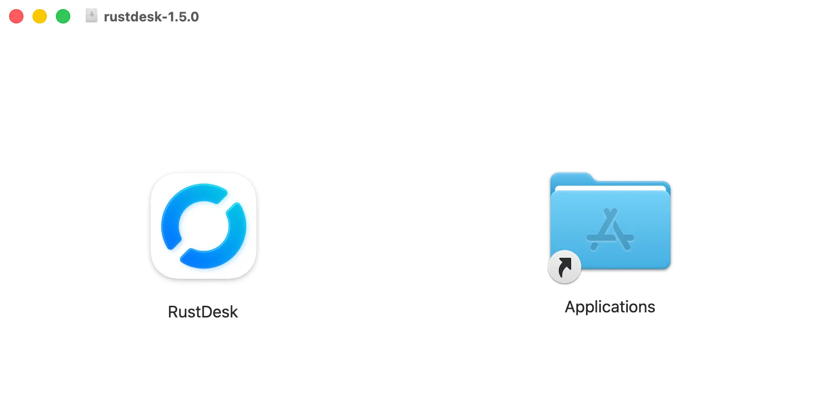 The RustDesk disk image window: RustDesk and the Applications folder to drag it to