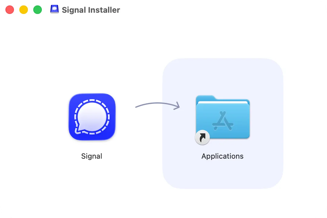 The Signal disk image window: Signal and the Applications folder to drag it to