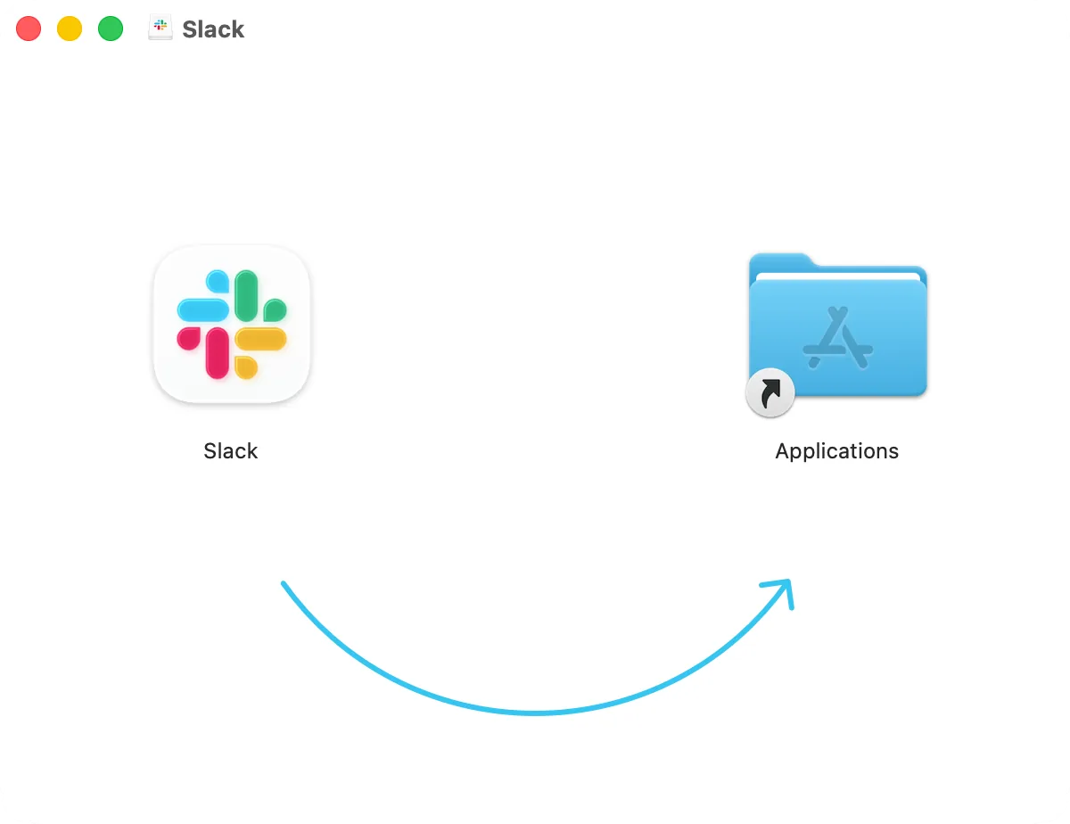 The Slack disk image window: Slack and the Applications folder to drag it to