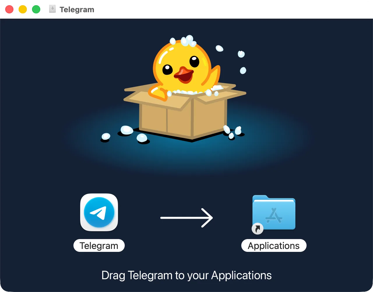 The Telegram disk image window: Telegram and the Applications folder to drag it to