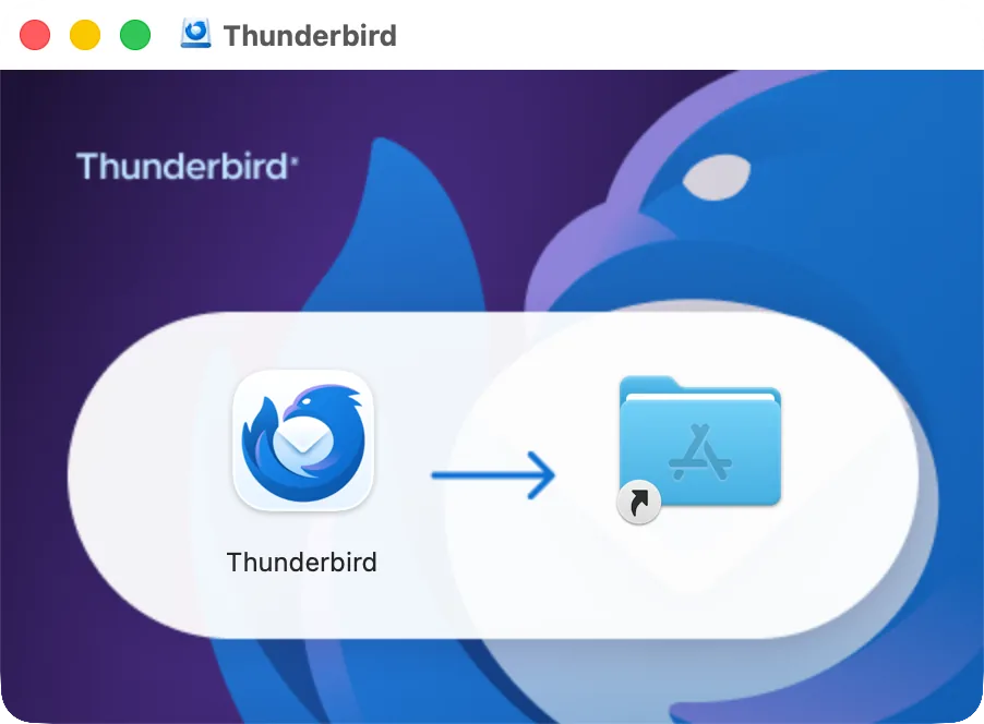 The Thunderbird disk image window: Thunderbird and the Applications folder to drag it to