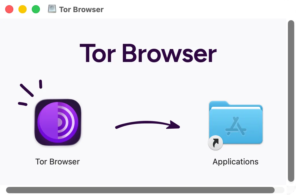 The Tor Browser disk image window: Tor Browser and the Applications folder to drag it to