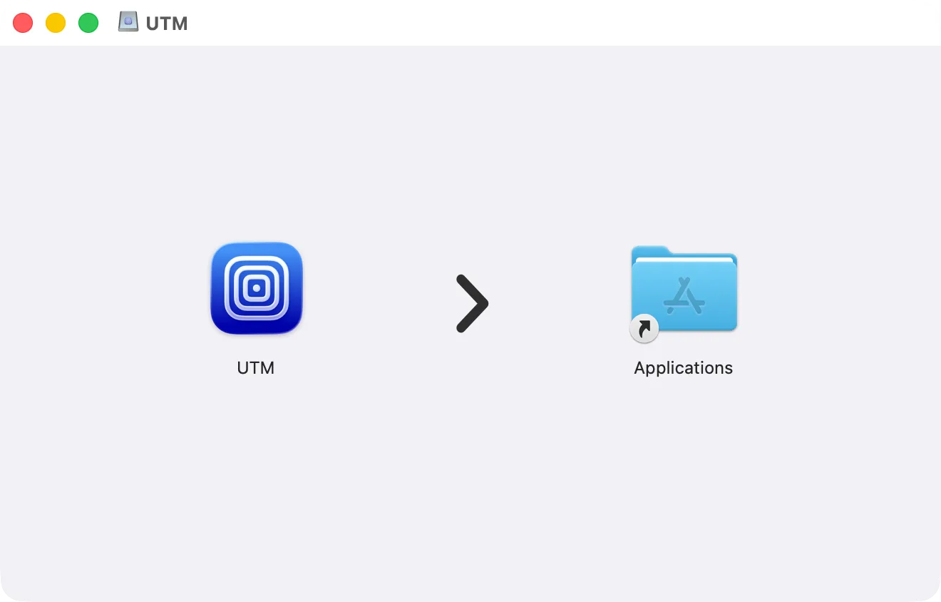 The UTM disk image window: UTM and the Applications folder to drag it to