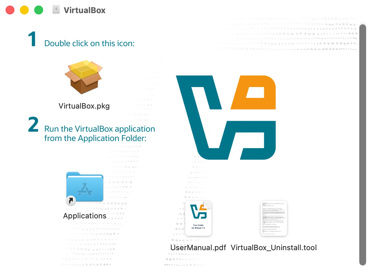 The VirtualBox disk image window: VirtualBox and the Applications folder to drag it to