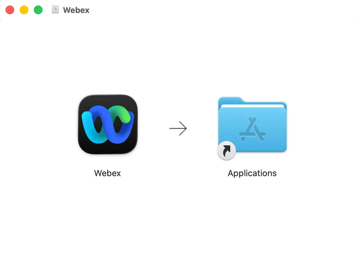 The Webex disk image window: Webex and the Applications folder to drag it to