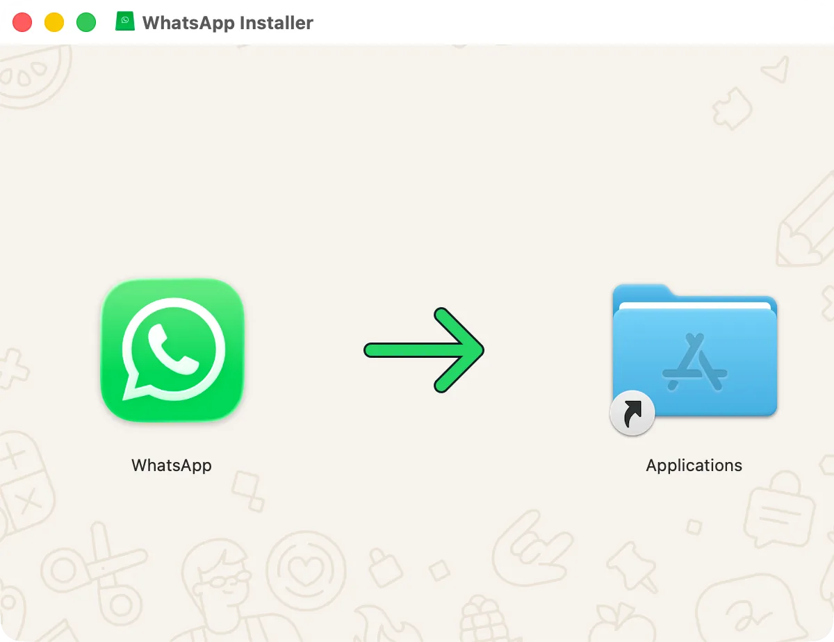 The WhatsApp disk image window: WhatsApp and the Applications folder to drag it to