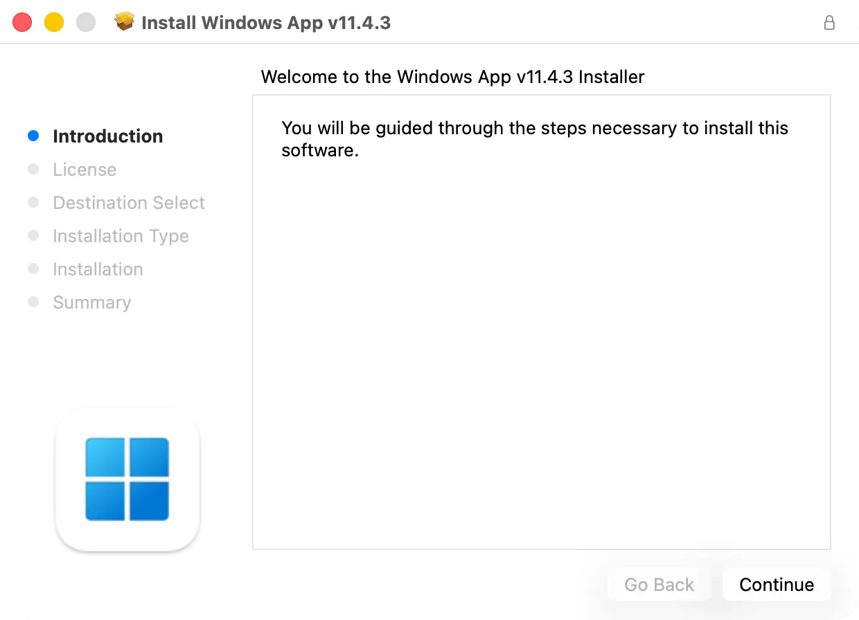 The first screen of the Windows App installer