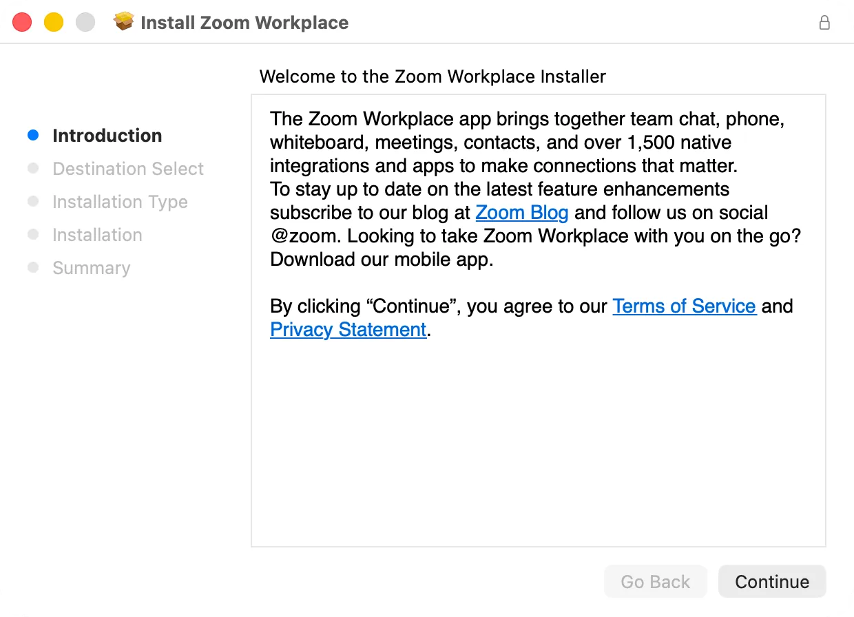 The first screen of the Zoom installer
