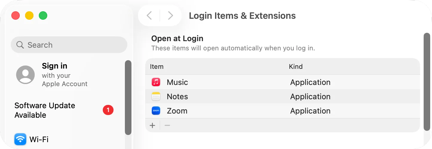 System Settings, General, Login Items & Extensions: the Open at Login list