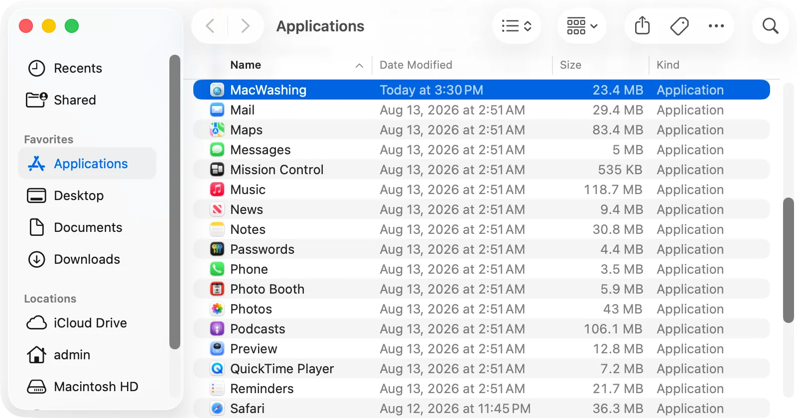 The Applications folder in Finder with MacWashing selected