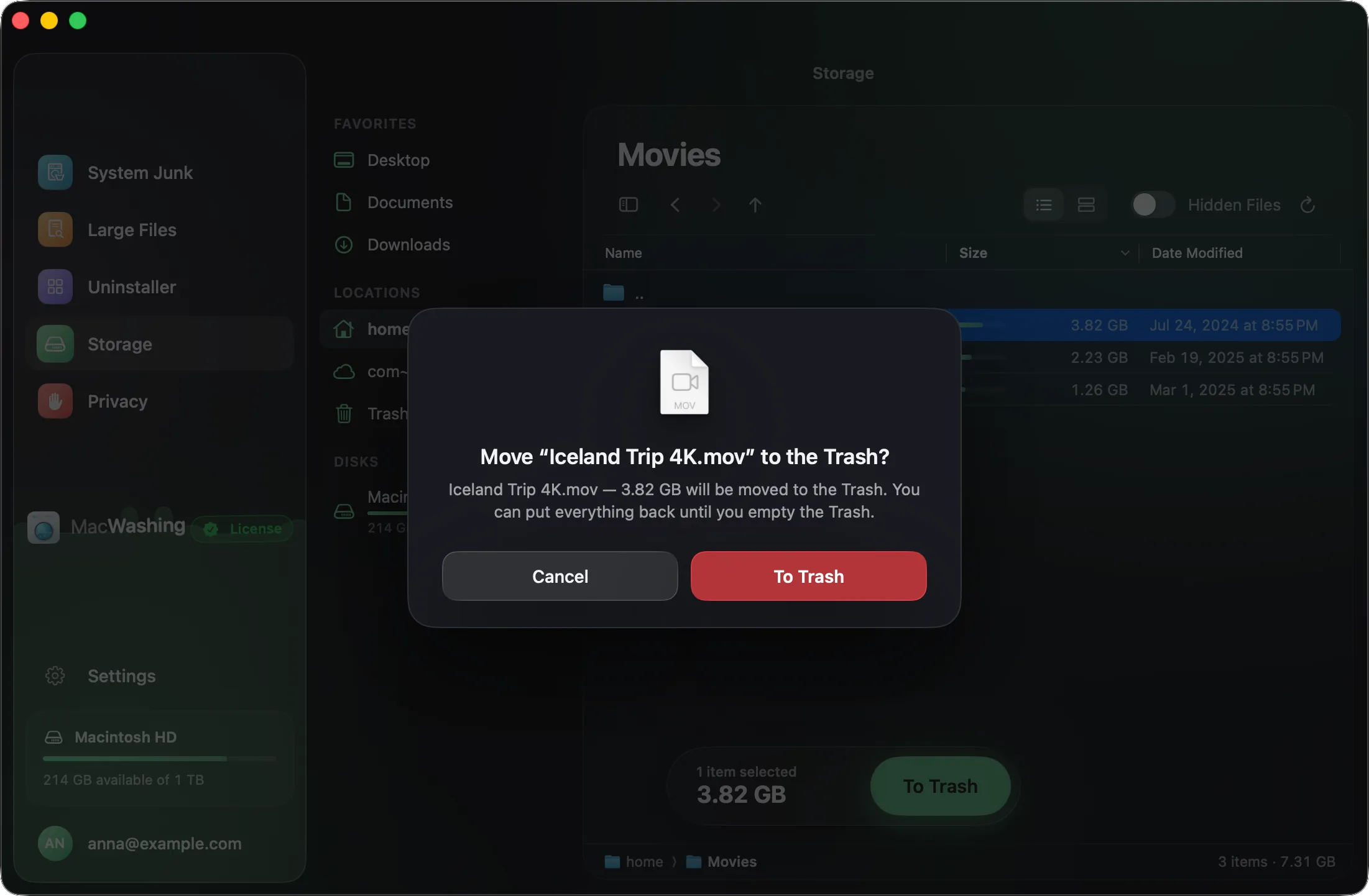 MacWashing asks to confirm moving the selected video to the Trash