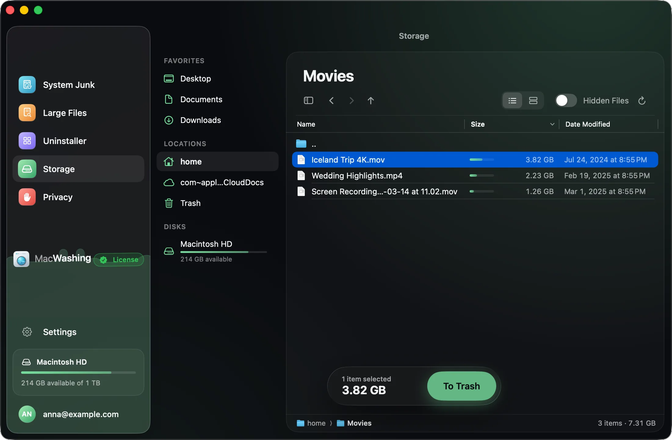 Storage inside the Movies folder: videos by size, one of them selected