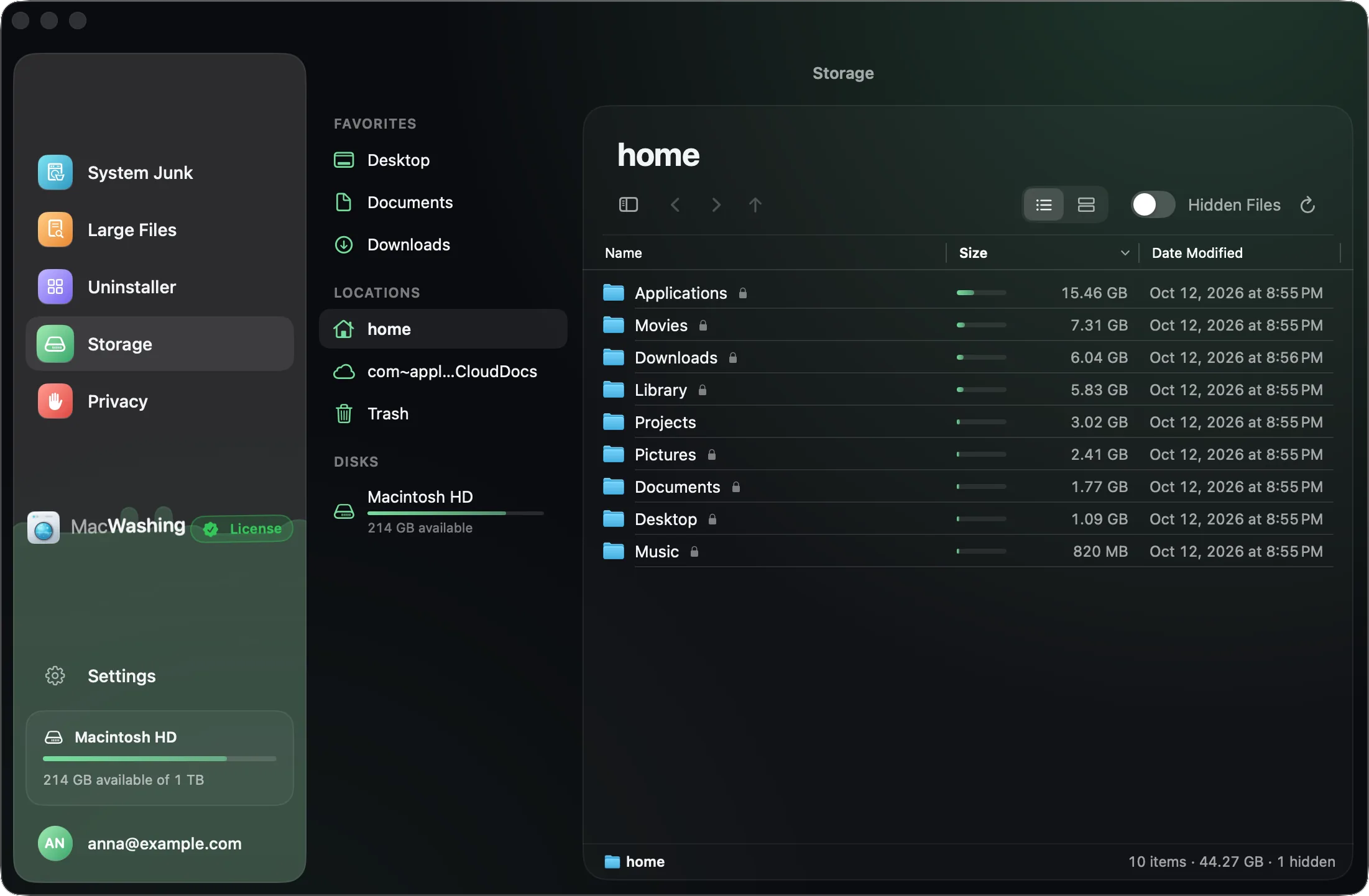 MacWashing, Storage: the home folder with the size of every folder, the biggest at the top