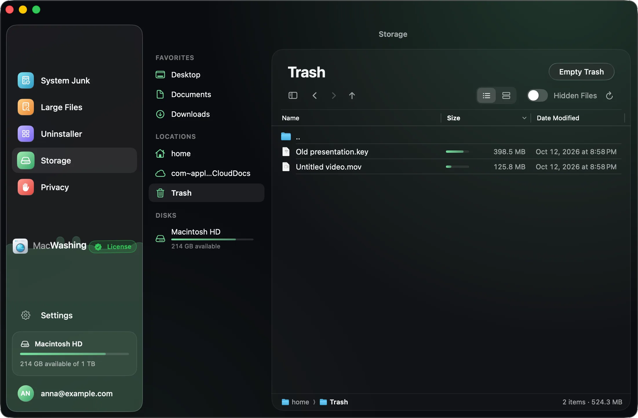Storage showing the Trash, its items with their sizes and the Empty Trash button