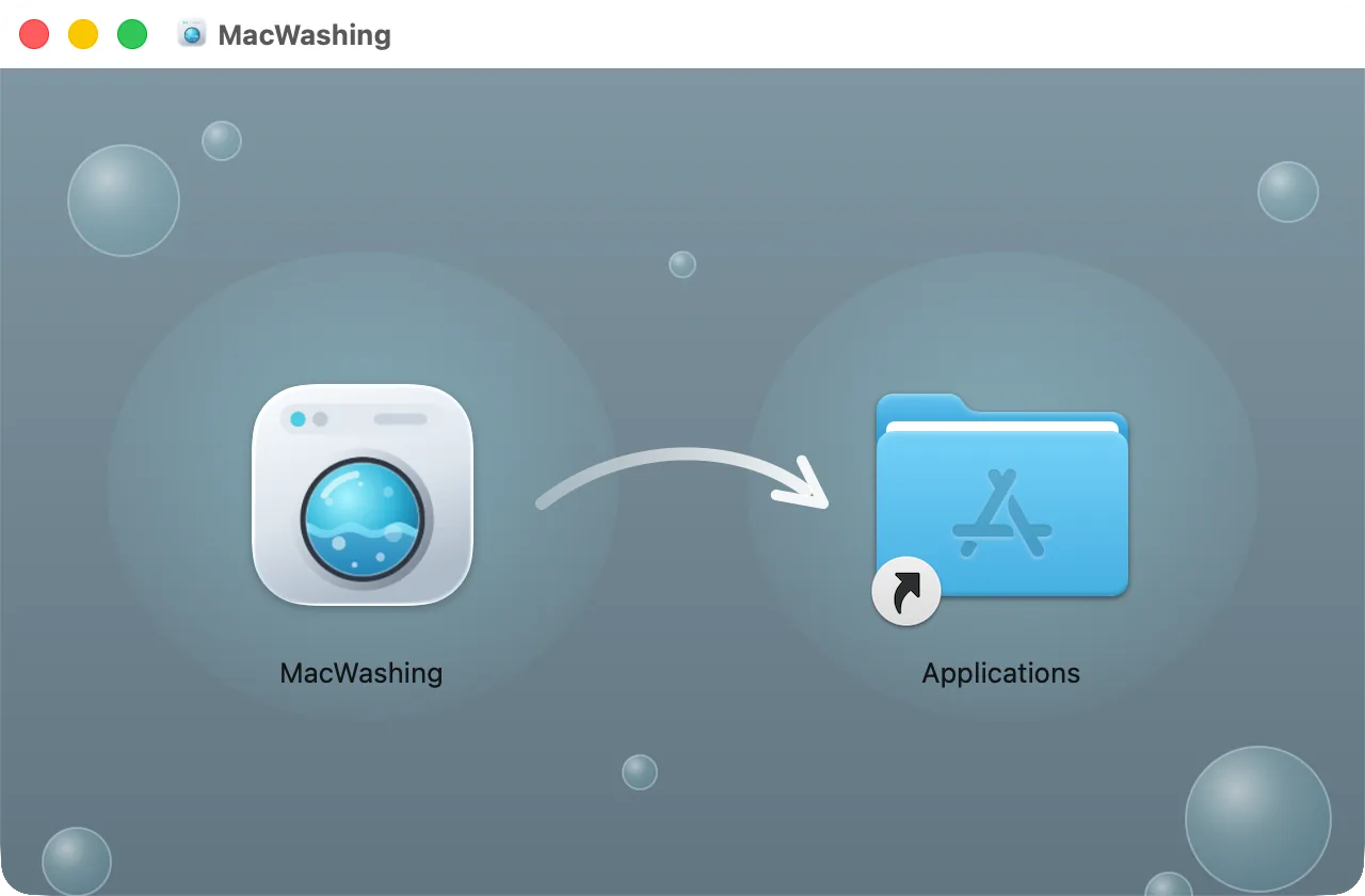 The MacWashing disk image window: the app icon and the Applications folder