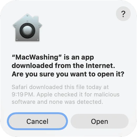 macOS asks whether to open MacWashing, an app downloaded from the internet