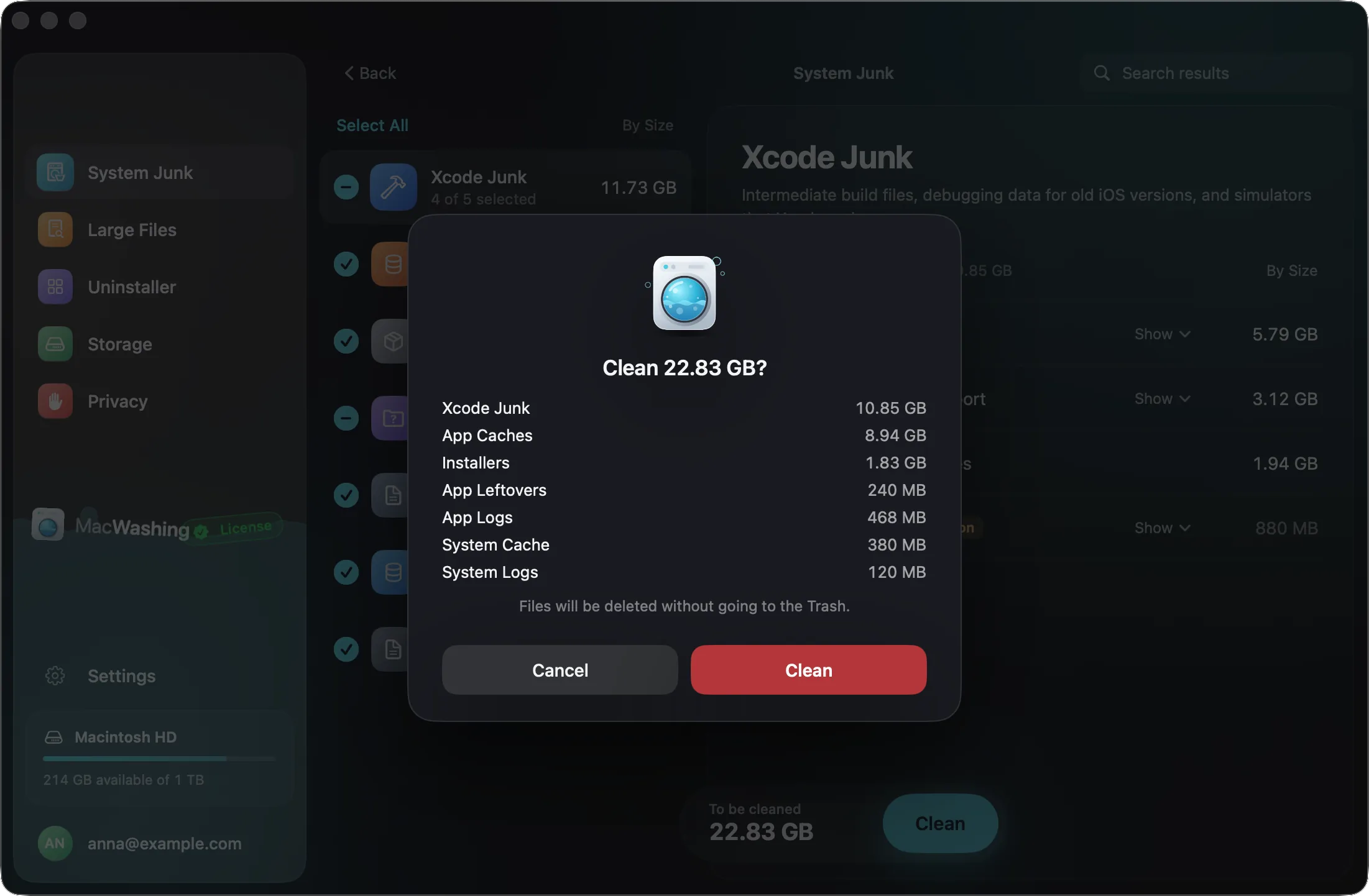 MacWashing asks to confirm the cleanup: its size and that files are deleted without the Trash