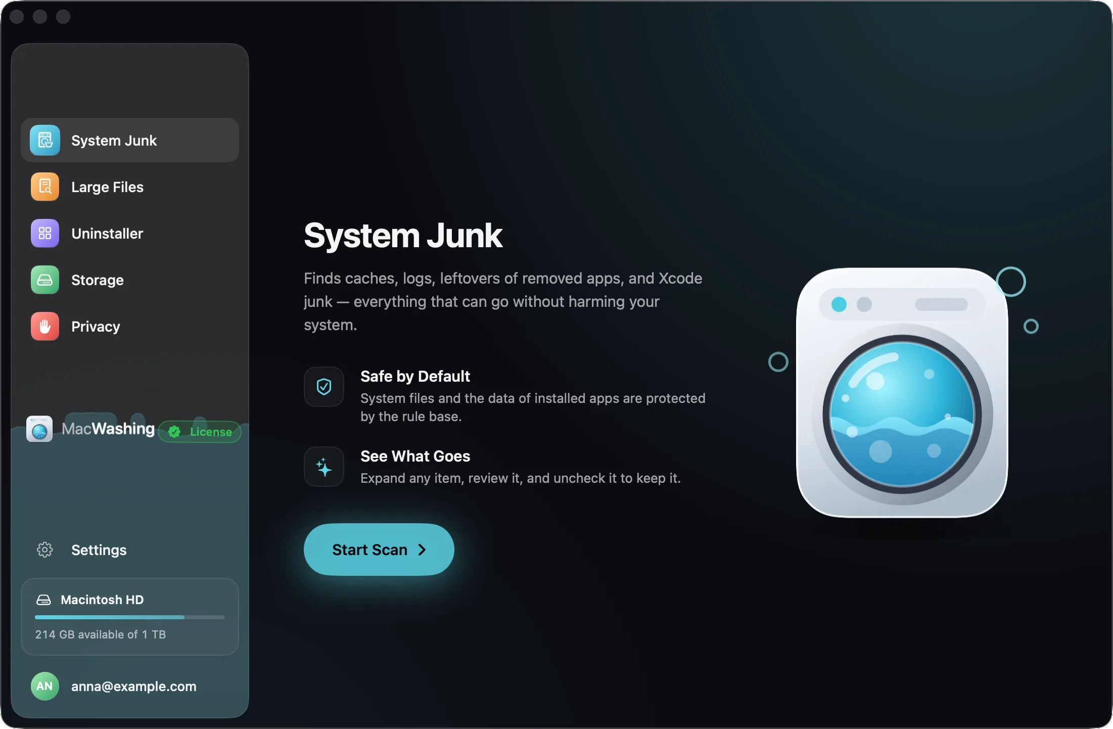 MacWashing, System Junk before a scan, with the Start Scan button